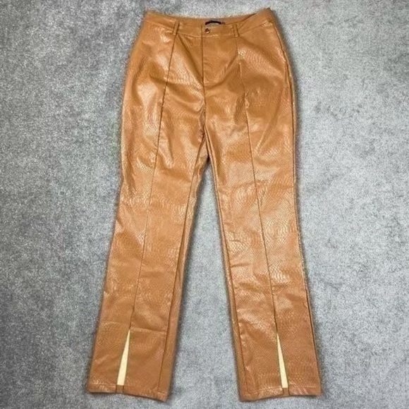 PrettyLittleThing Camel Faux Leather Split Hem Skinny Pants Size 8 - Picture 1 of 9